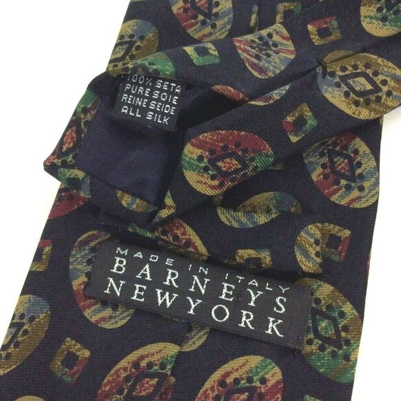 Barneys New York Silk Tie Navy Blue Abstract Oval Pattern Made In Italy - Picture 3 of 4